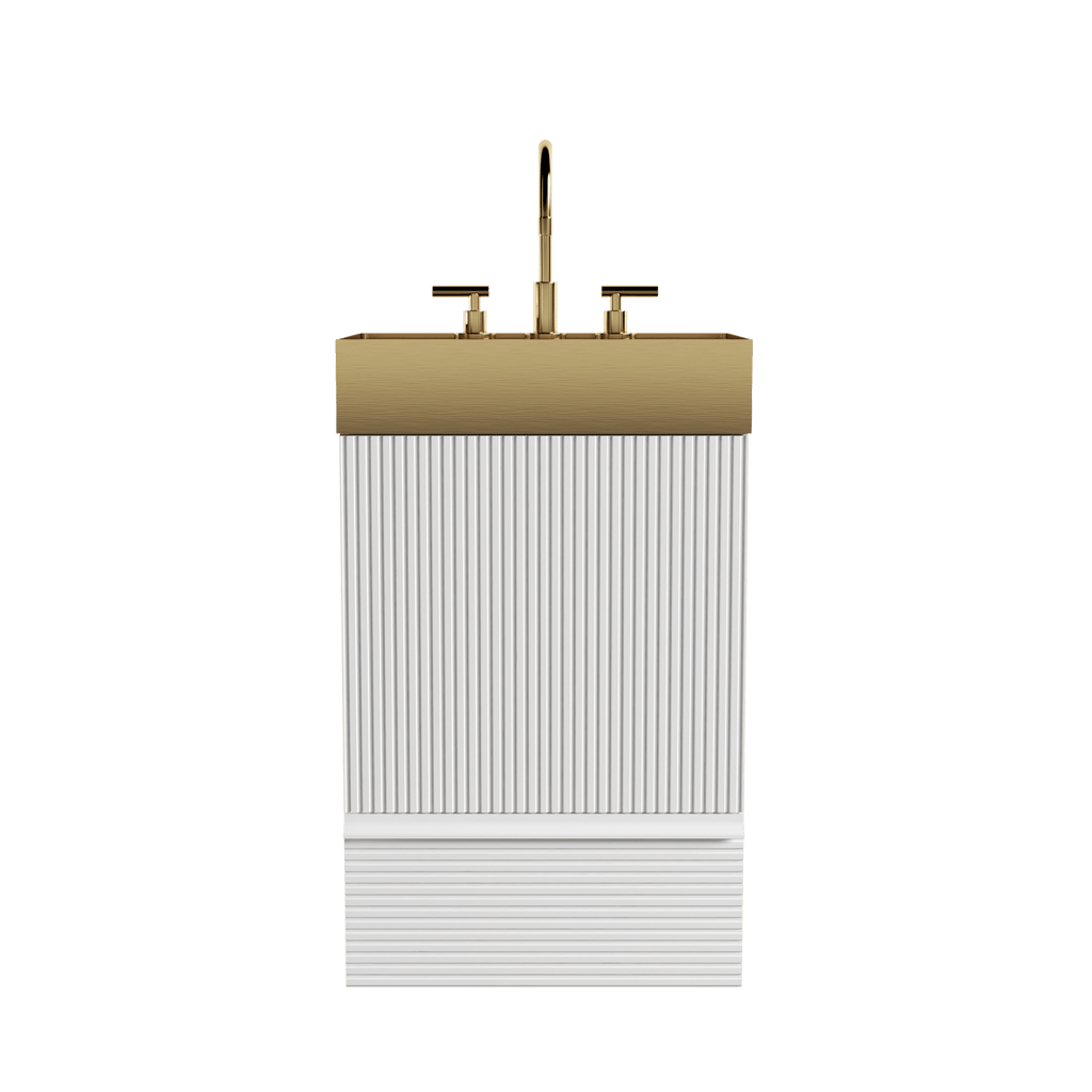 Gada 20" Striped Velvet White Bathroom Vanity with Integrated Brushed Gold Metal Vessel Bathroom Sink, Freestanding Bathroom Cabinet for Modern Bathroom, One-Piece Gold Metal Basin without Faucet, KD