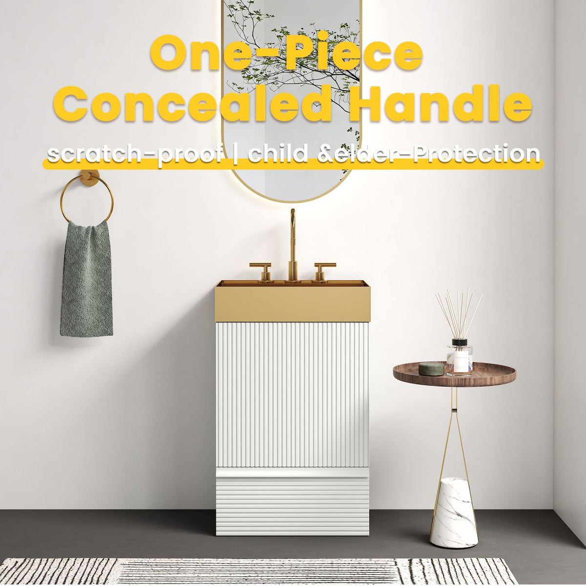 Gada 20" Striped Velvet White Bathroom Vanity with Integrated Brushed Gold Metal Vessel Bathroom Sink, Freestanding Bathroom Cabinet for Modern Bathroom, One-Piece Gold Metal Basin without Faucet, KD