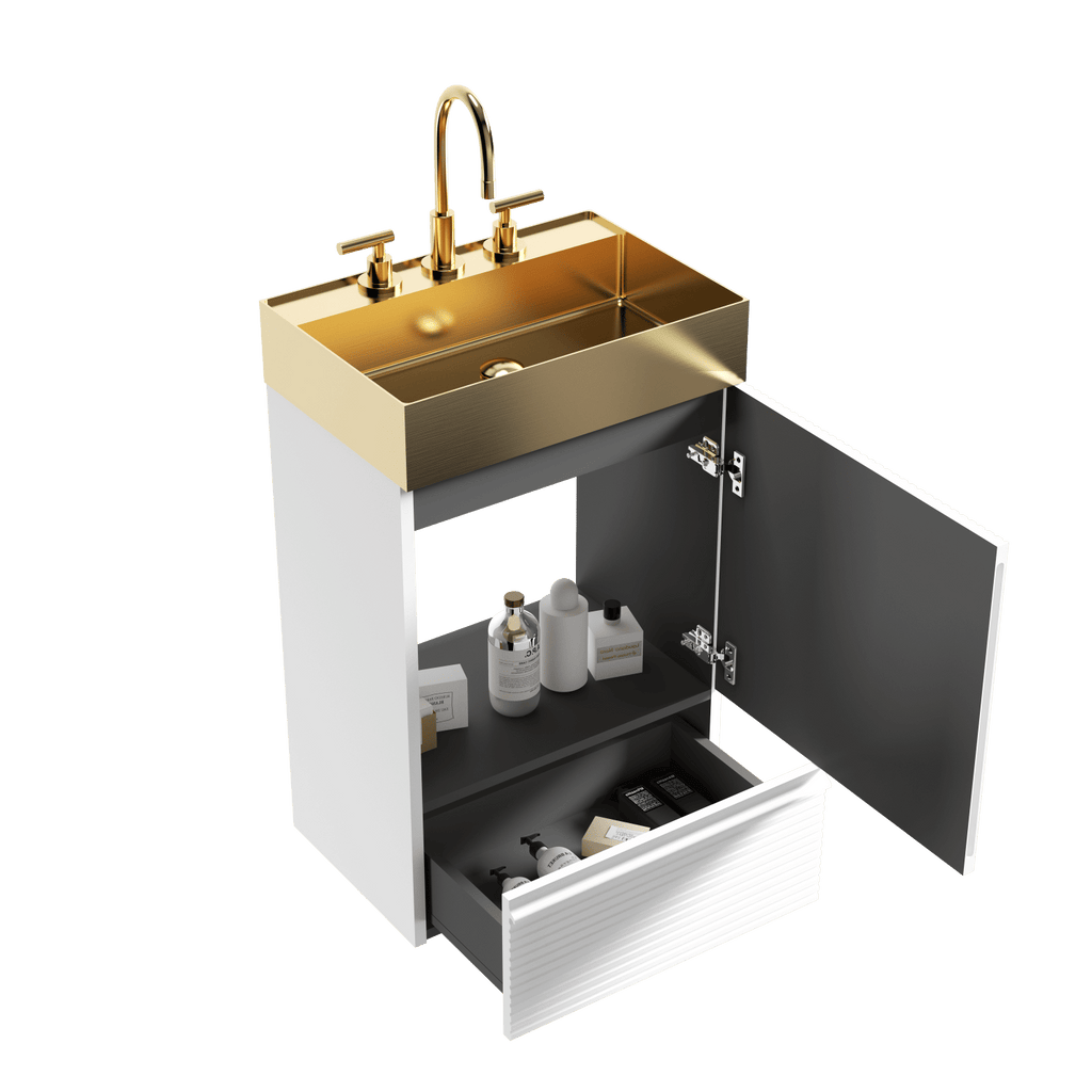 Gada 20" Striped Velvet White Bathroom Vanity with Integrated Brushed Gold Metal Vessel Bathroom Sink, Freestanding Bathroom Cabinet for Modern Bathroom, One-Piece Gold Metal Basin without Faucet, KD