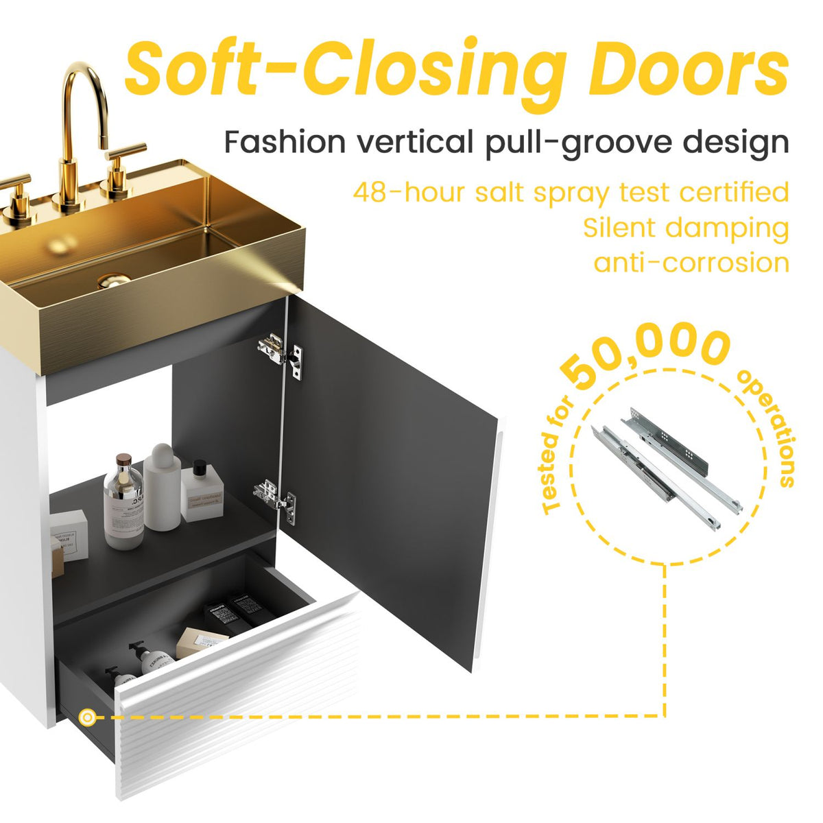 Gada 20" Striped Velvet White Bathroom Vanity with Integrated Brushed Gold Metal Vessel Bathroom Sink, Freestanding Bathroom Cabinet for Modern Bathroom, One-Piece Gold Metal Basin without Faucet, KD