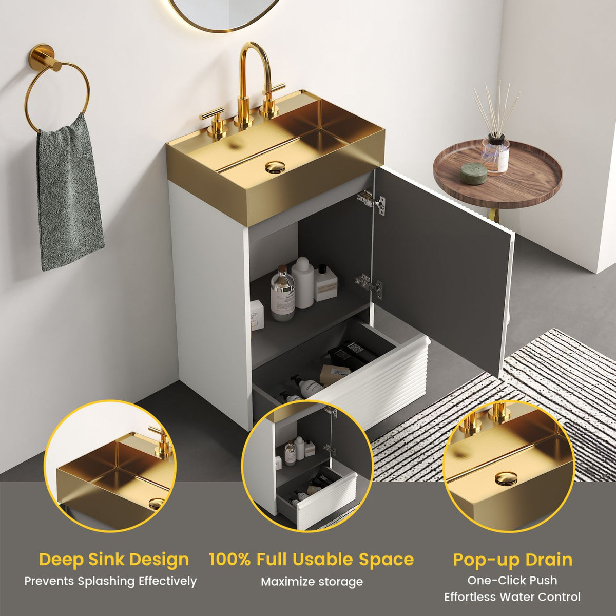 Gada 20" Striped Velvet White Bathroom Vanity with Integrated Brushed Gold Metal Vessel Bathroom Sink, Freestanding Bathroom Cabinet for Modern Bathroom, One-Piece Gold Metal Basin without Faucet, KD