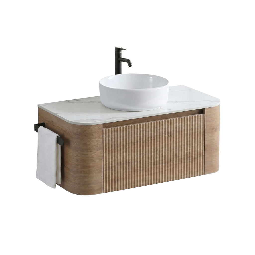 Erba 36 inch Bathroom Vanity with Sink, Honey Oak Wall Cabinet with Free Towel Rack, Single White Ceramic Basin Design, without Drain and Faucet, Pre-assembled