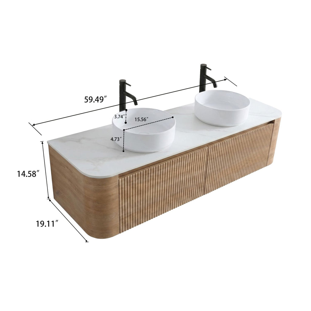 Erba 60 inch Bathroom Vanity with Sink, Honey Oak Wall Cabinet with Free Towel Rack, Double White Ceramic Basins Design, without Drain and Faucet, Pre-assembled