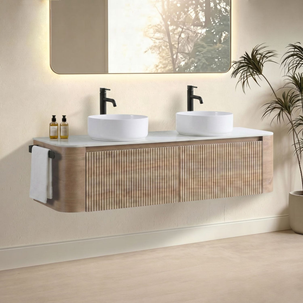 Erba 60 inch Bathroom Vanity with Sink, Honey Oak Wall Cabinet with Free Towel Rack, Double White Ceramic Basins Design, without Drain and Faucet, Pre-assembled
