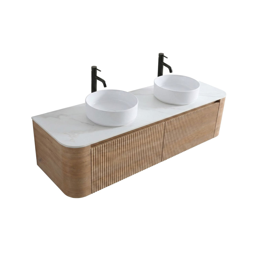 Erba 60 inch Bathroom Vanity with Sink, Honey Oak Wall Cabinet with Free Towel Rack, Double White Ceramic Basins Design, without Drain and Faucet, Pre-assembled