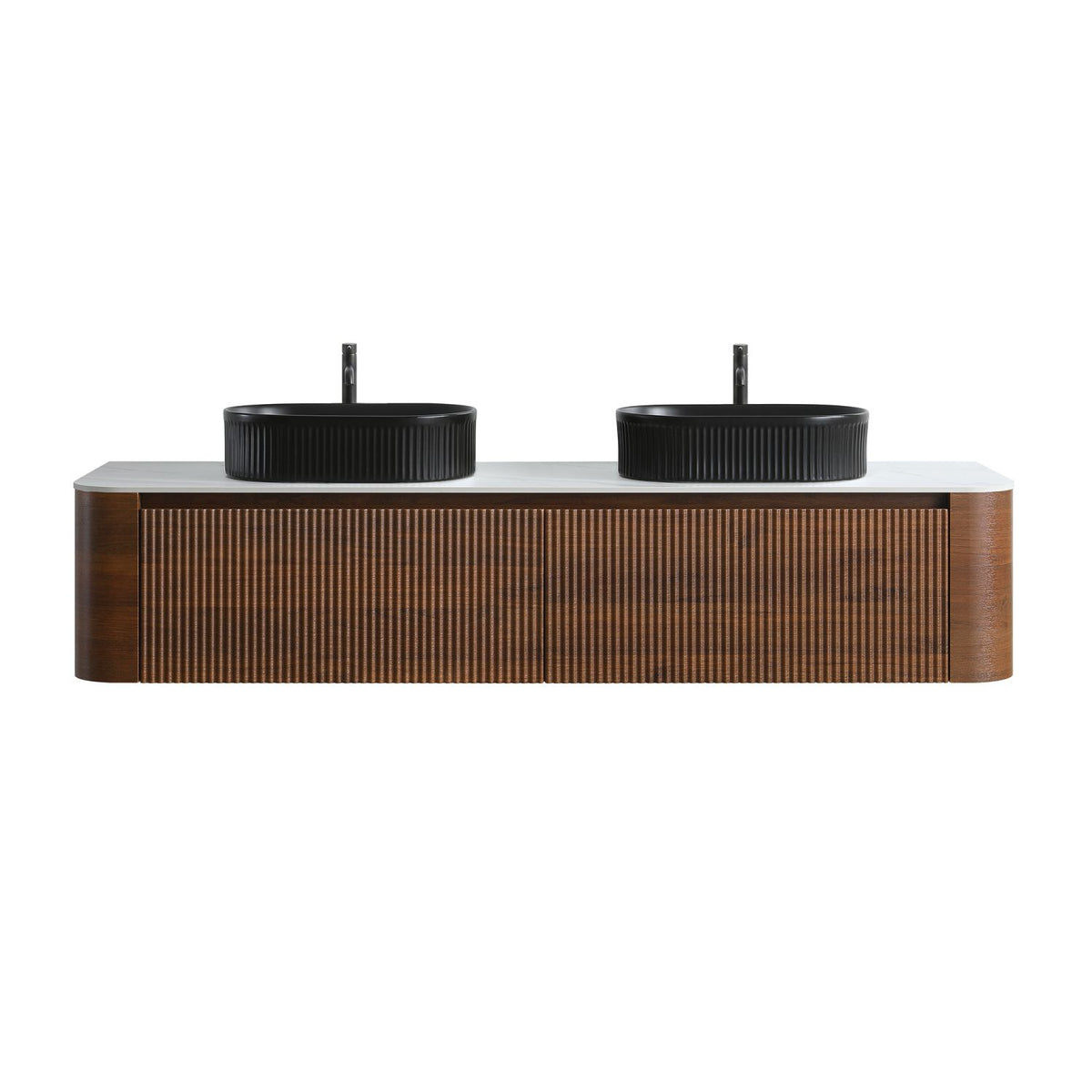 Erba 72 inch Bathroom Vanity with Sink, Walnut Wall Cabinet with Free Towel Rack, Double Black Oval Striped Ceramic Basins Design, without Drain and Faucet, Pre-assembled