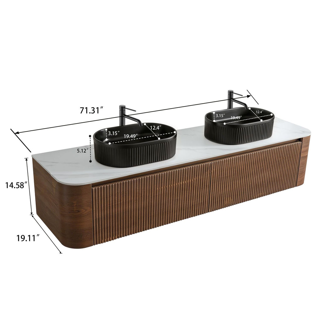 Erba 72 inch Bathroom Vanity with Sink, Walnut Wall Cabinet with Free Towel Rack, Double Black Oval Striped Ceramic Basins Design, without Drain and Faucet, Pre-assembled