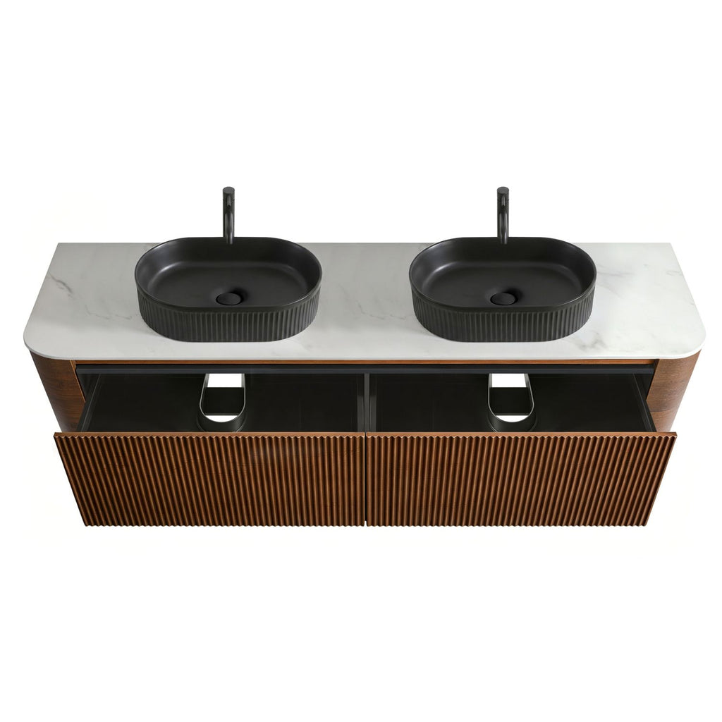 Erba 72 inch Bathroom Vanity with Sink, Walnut Wall Cabinet with Free Towel Rack, Double Black Oval Striped Ceramic Basins Design, without Drain and Faucet, Pre-assembled