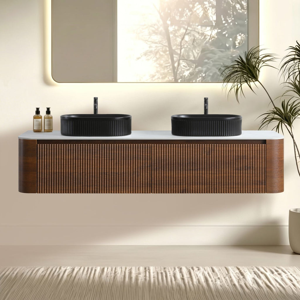 Erba 72 inch Bathroom Vanity with Sink, Walnut Wall Cabinet with Free Towel Rack, Double Black Oval Striped Ceramic Basins Design, without Drain and Faucet, Pre-assembled