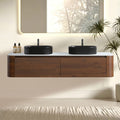 Erba 72 inch Bathroom Vanity with Sink, Walnut Wall Cabinet with Free Towel Rack, Double Black Oval Striped Ceramic Basins Design, without Drain and Faucet, Pre-assembled