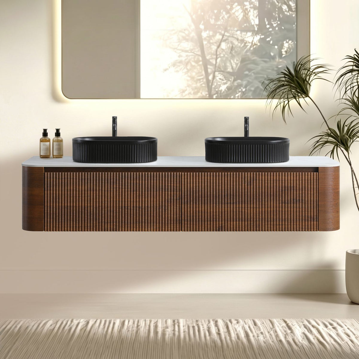 Erba 72 inch Bathroom Vanity with Sink, Walnut Wall Cabinet with Free Towel Rack, Double Black Oval Striped Ceramic Basins Design, without Drain and Faucet, Pre-assembled