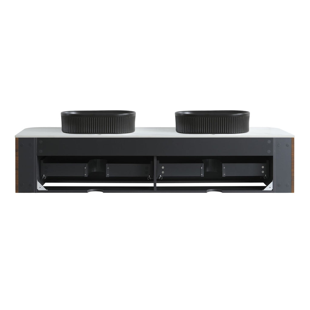 Erba 72 inch Bathroom Vanity with Sink, Walnut Wall Cabinet with Free Towel Rack, Double Black Oval Striped Ceramic Basins Design, without Drain and Faucet, Pre-assembled