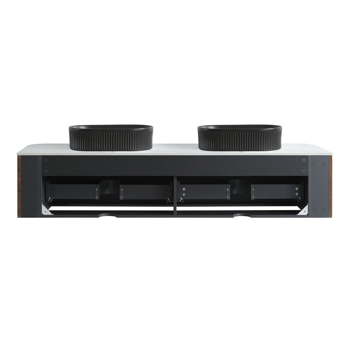 Erba 72 inch Bathroom Vanity with Sink, Walnut Wall Cabinet with Free Towel Rack, Double Black Oval Striped Ceramic Basins Design, without Drain and Faucet, Pre-assembled
