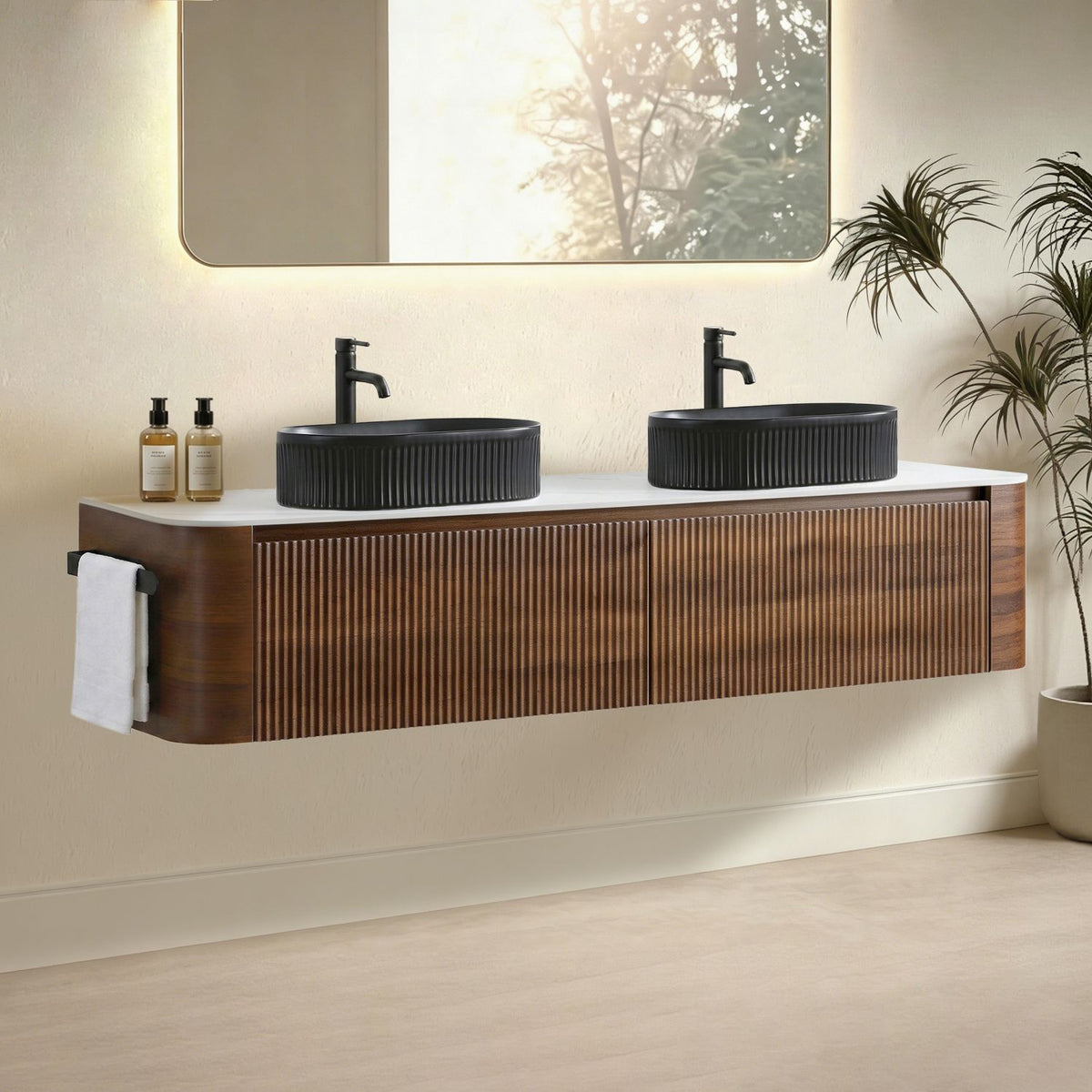 Erba 72 inch Bathroom Vanity with Sink, Walnut Wall Cabinet with Free Towel Rack, Double Black Oval Striped Ceramic Basins Design, without Drain and Faucet, Pre-assembled
