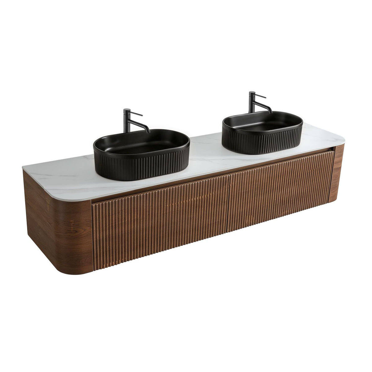Erba 72 inch Bathroom Vanity with Sink, Walnut Wall Cabinet with Free Towel Rack, Double Black Oval Striped Ceramic Basins Design, without Drain and Faucet, Pre-assembled