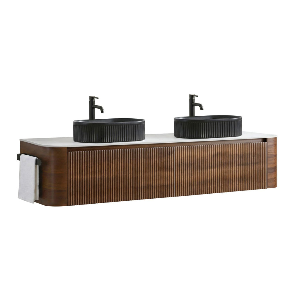 Erba 72 inch Bathroom Vanity with Sink, Walnut Wall Cabinet with Free Towel Rack, Double Black Oval Striped Ceramic Basins Design, without Drain and Faucet, Pre-assembled