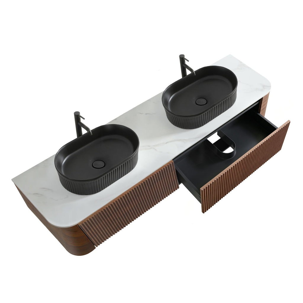 Erba 72 inch Bathroom Vanity with Sink, Walnut Wall Cabinet with Free Towel Rack, Double Black Oval Striped Ceramic Basins Design, without Drain and Faucet, Pre-assembled