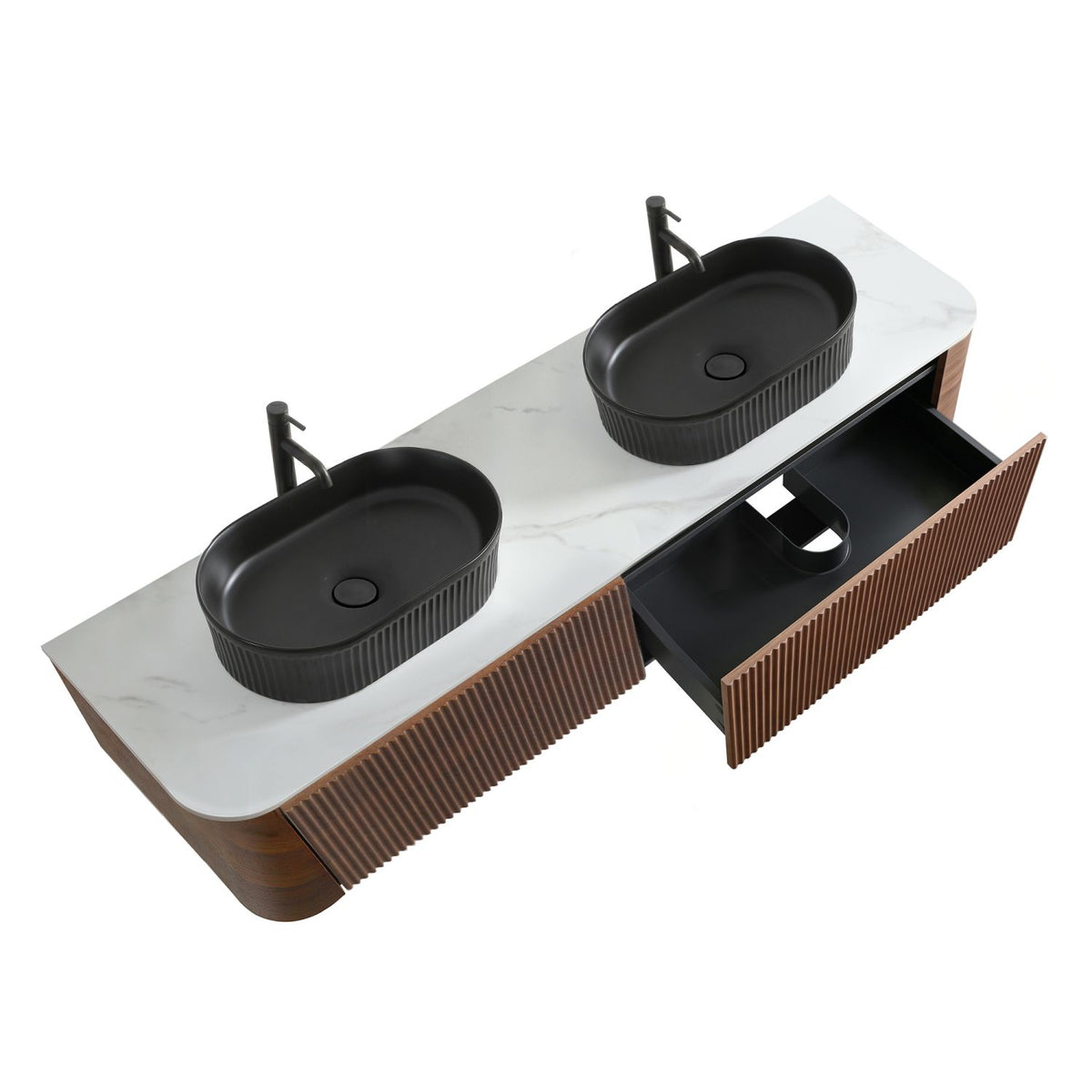 Erba 72 inch Bathroom Vanity with Sink, Walnut Wall Cabinet with Free Towel Rack, Double Black Oval Striped Ceramic Basins Design, without Drain and Faucet, Pre-assembled