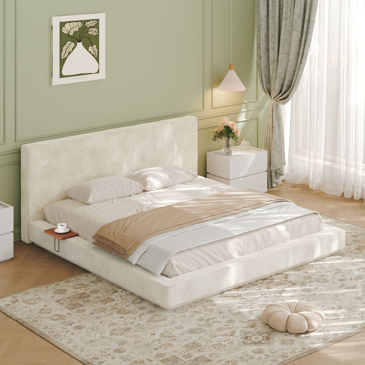 AirFrame King Bed Frame with Adjustable Sliding Side Table Visual Floating Effect, 8.7'' Cloud Upholstered Sponge Cushion, Easy Assembly (Off-White).
