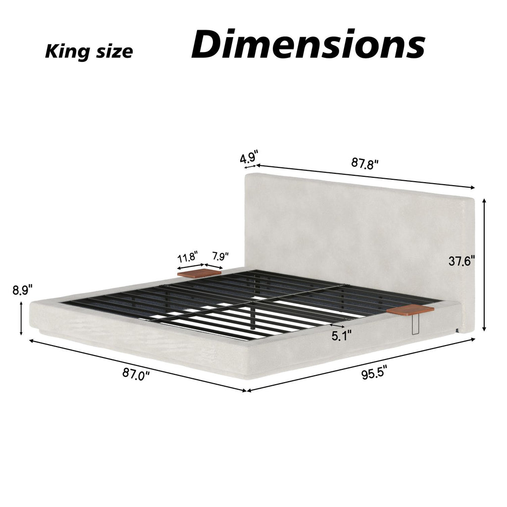 AirFrame King Bed Frame with Adjustable Sliding Side Table Visual Floating Effect, 8.7'' Cloud Upholstered Sponge Cushion, Easy Assembly (Off-White).