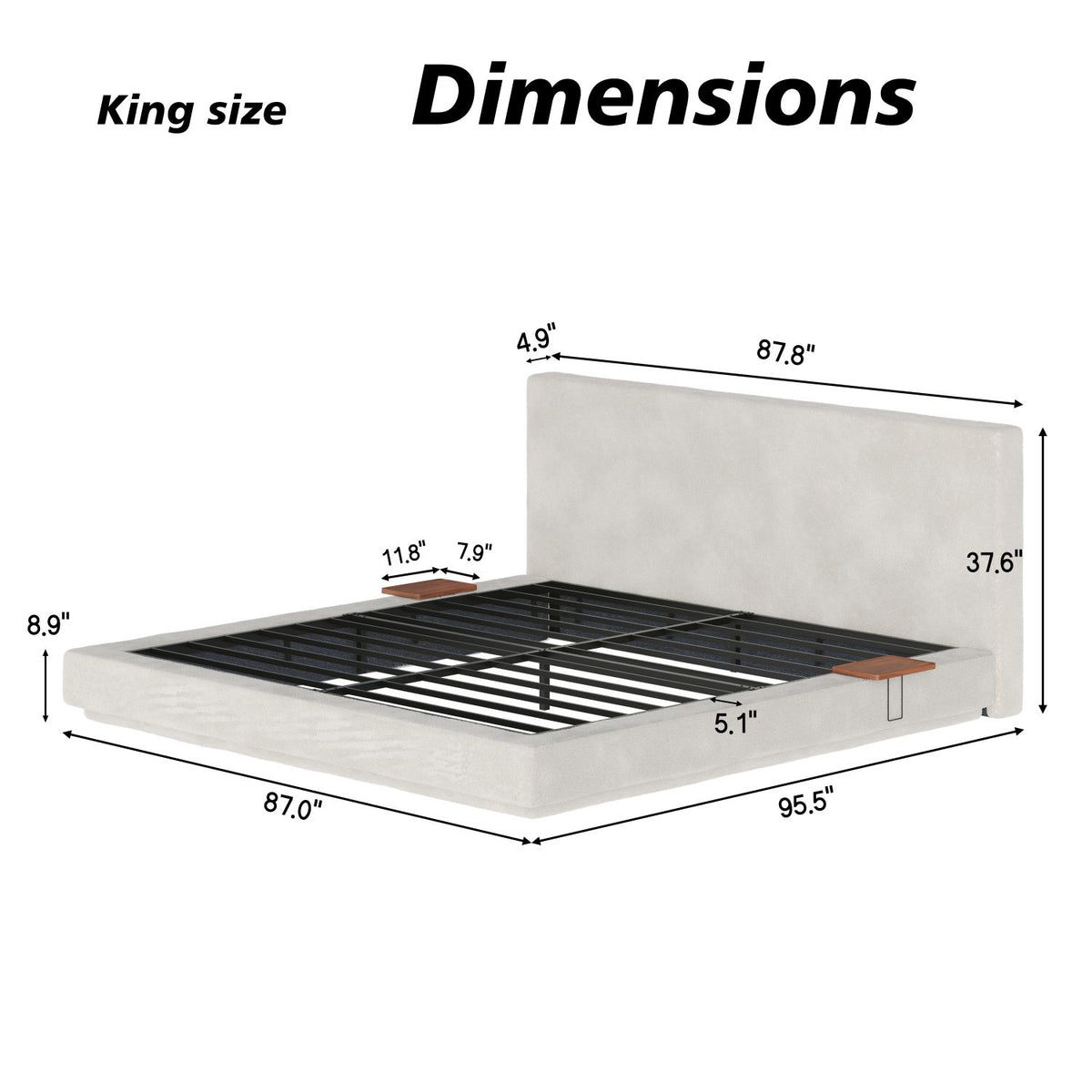 AirFrame King Bed Frame with Adjustable Sliding Side Table Visual Floating Effect, 8.7'' Cloud Upholstered Sponge Cushion, Easy Assembly (Off-White).