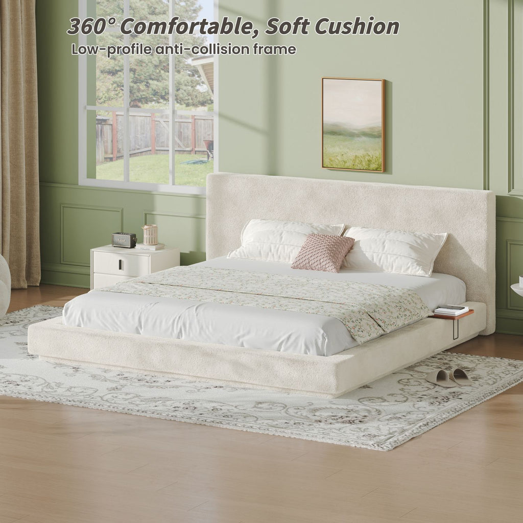 AirFrame King Bed Frame with Adjustable Sliding Side Table Visual Floating Effect, 8.7'' Cloud Upholstered Sponge Cushion, Easy Assembly (Off-White).