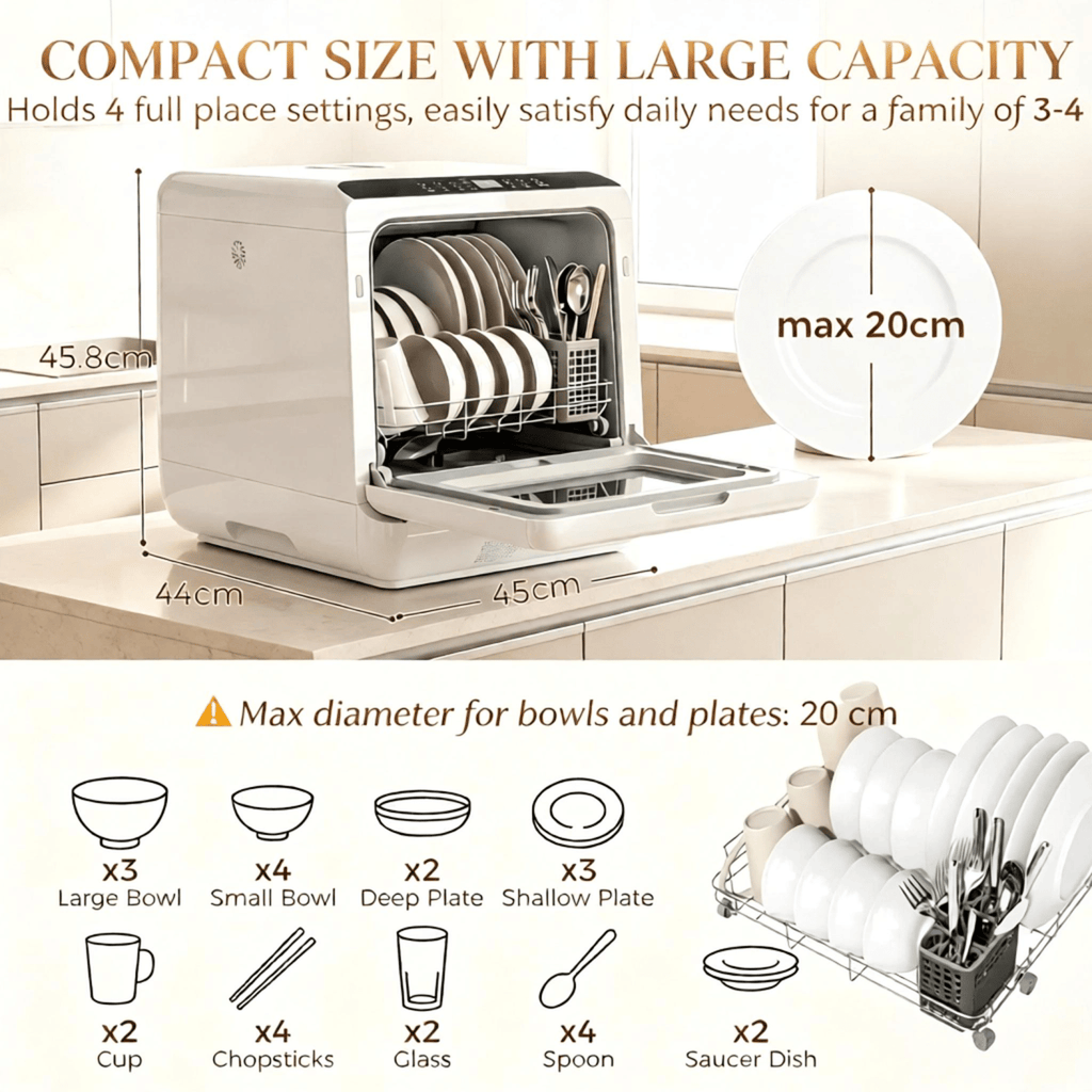 Portable Countertop Mini Dishwasher, 1.6 Gal Water Tank, 5 Wash Programs, Air-Dry Function