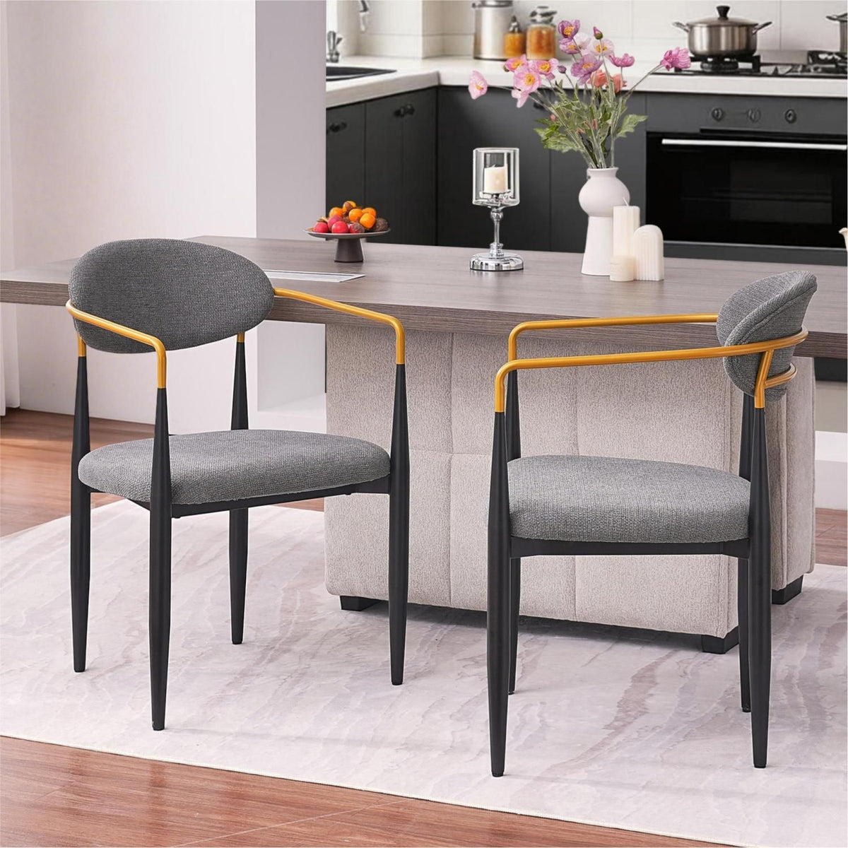 Modern Upholstered Dining Chair with Gold-Accented Armrests - 22"W x 21"D x 30"H, Ergonomic Design for Home Dining Room or Office Use,Set of 2 - Grey Fabric Seat & Black Metal Frame