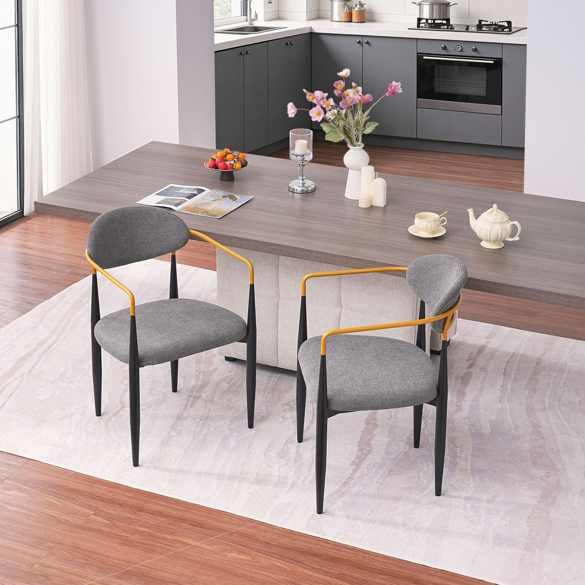 Modern Upholstered Dining Chair with Gold-Accented Armrests - 22"W x 21"D x 30"H, Ergonomic Design for Home Dining Room or Office Use,Set of 2 - Grey Fabric Seat & Black Metal Frame