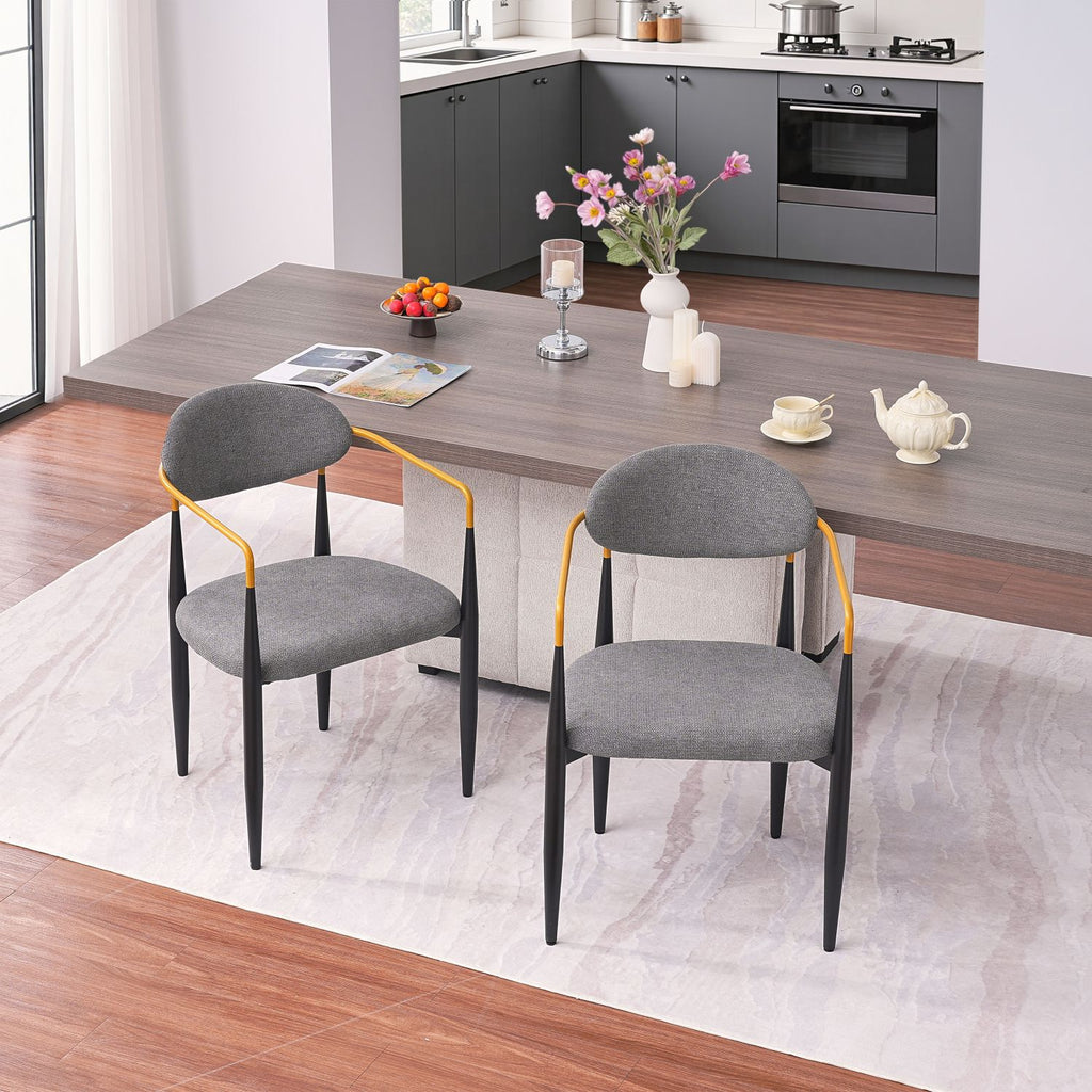 Modern Upholstered Dining Chair with Gold-Accented Armrests - 22"W x 21"D x 30"H, Ergonomic Design for Home Dining Room or Office Use,Set of 2 - Grey Fabric Seat & Black Metal Frame