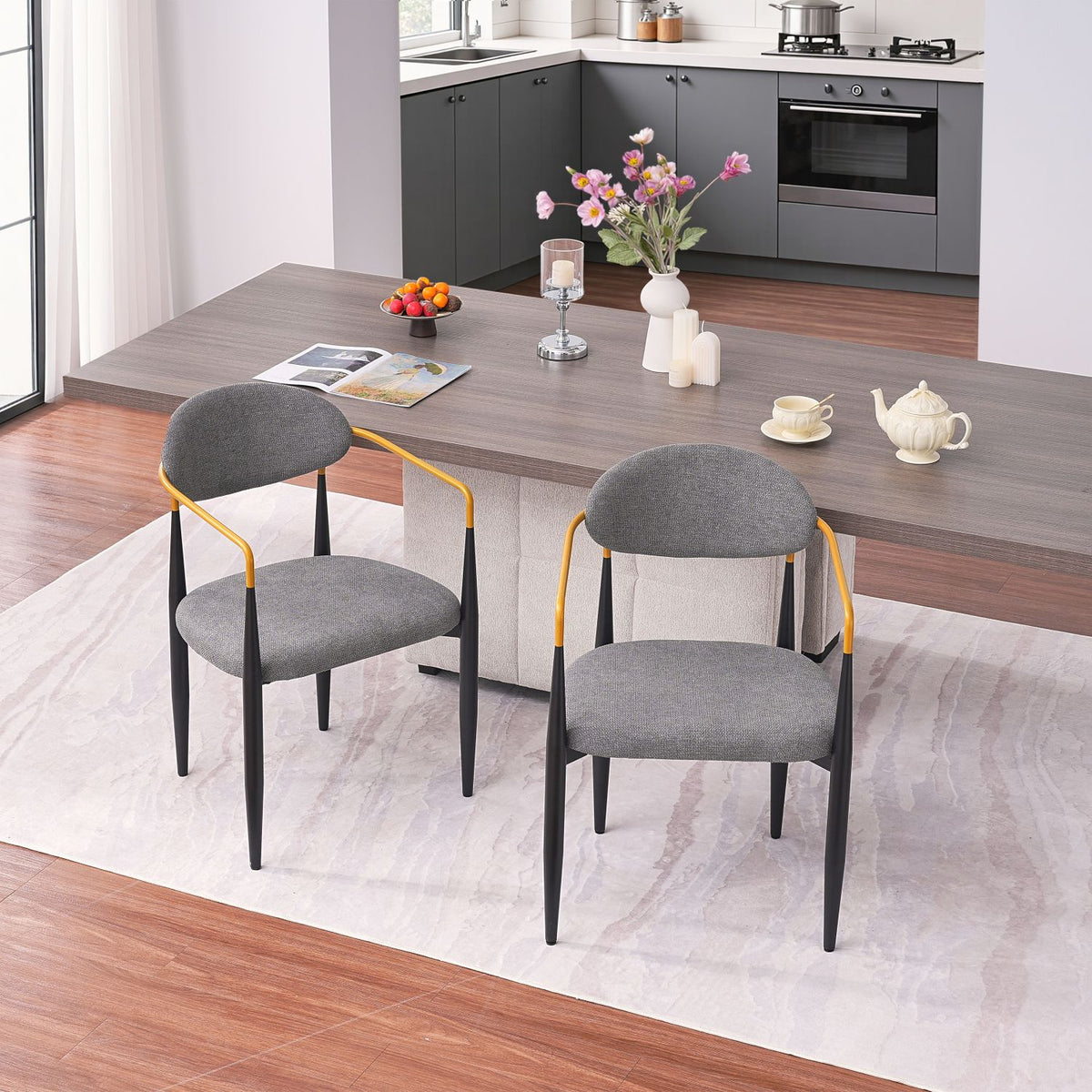 Modern Upholstered Dining Chair with Gold-Accented Armrests - 22"W x 21"D x 30"H, Ergonomic Design for Home Dining Room or Office Use,Set of 2 - Grey Fabric Seat & Black Metal Frame