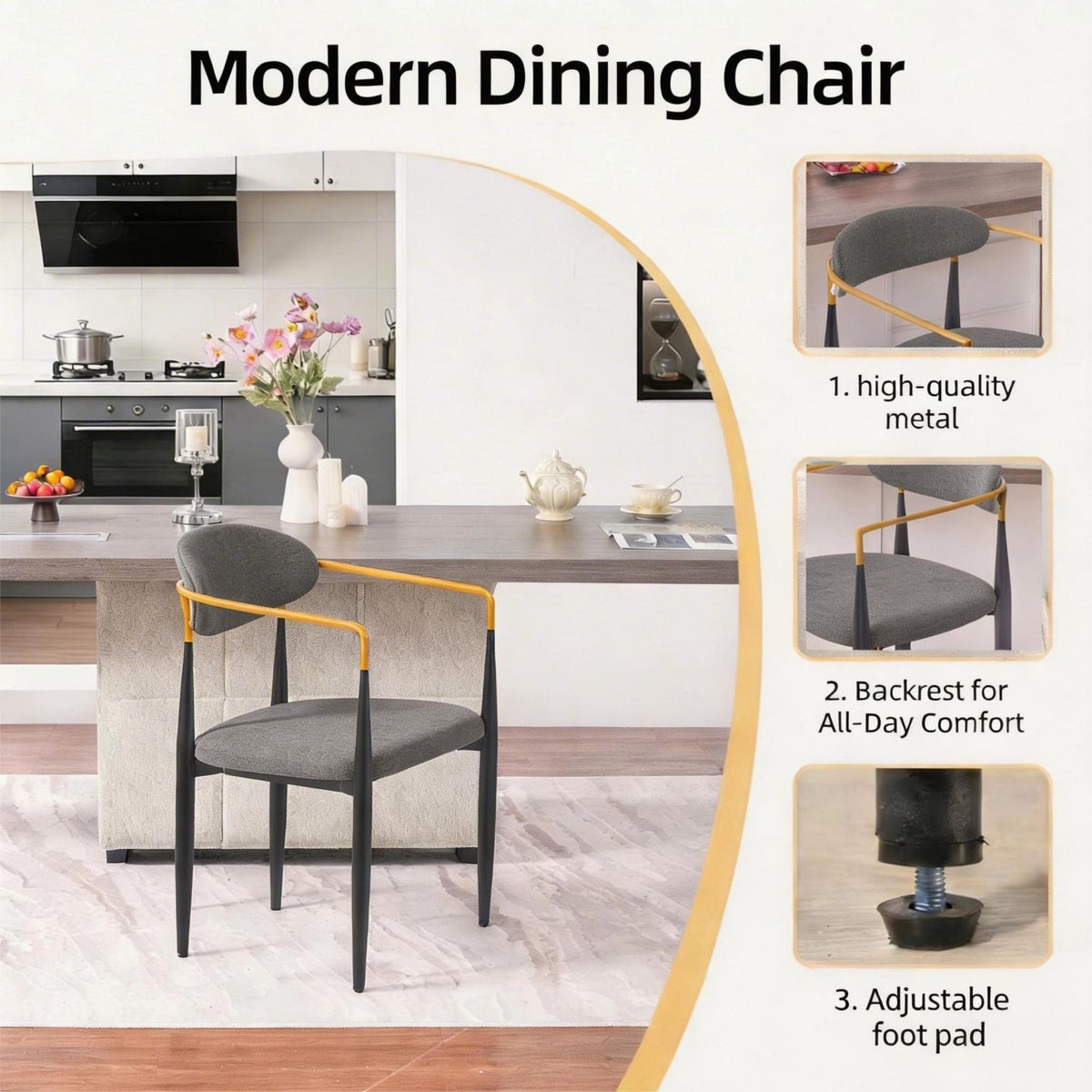 Modern Upholstered Dining Chair with Gold-Accented Armrests - 22"W x 21"D x 30"H, Ergonomic Design for Home Dining Room or Office Use,Set of 2 - Grey Fabric Seat & Black Metal Frame