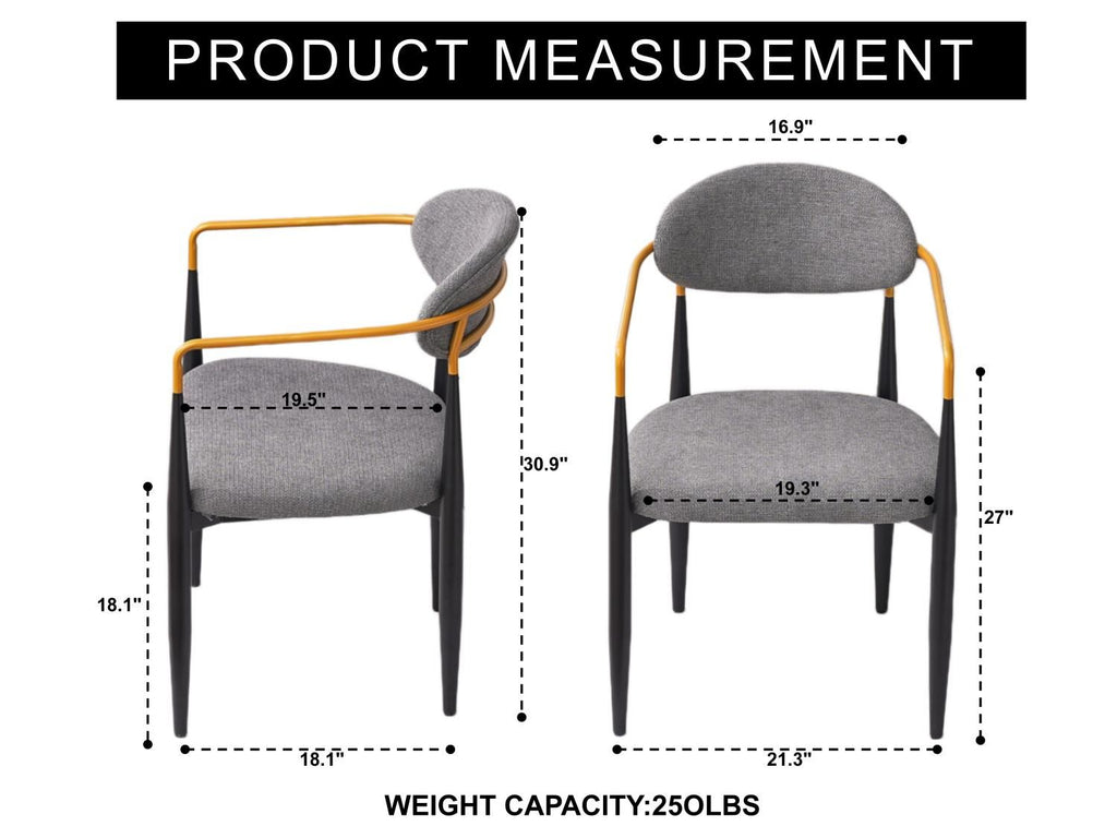 Modern Upholstered Dining Chair with Gold-Accented Armrests - 22"W x 21"D x 30"H, Ergonomic Design for Home Dining Room or Office Use,Set of 2 - Grey Fabric Seat & Black Metal Frame