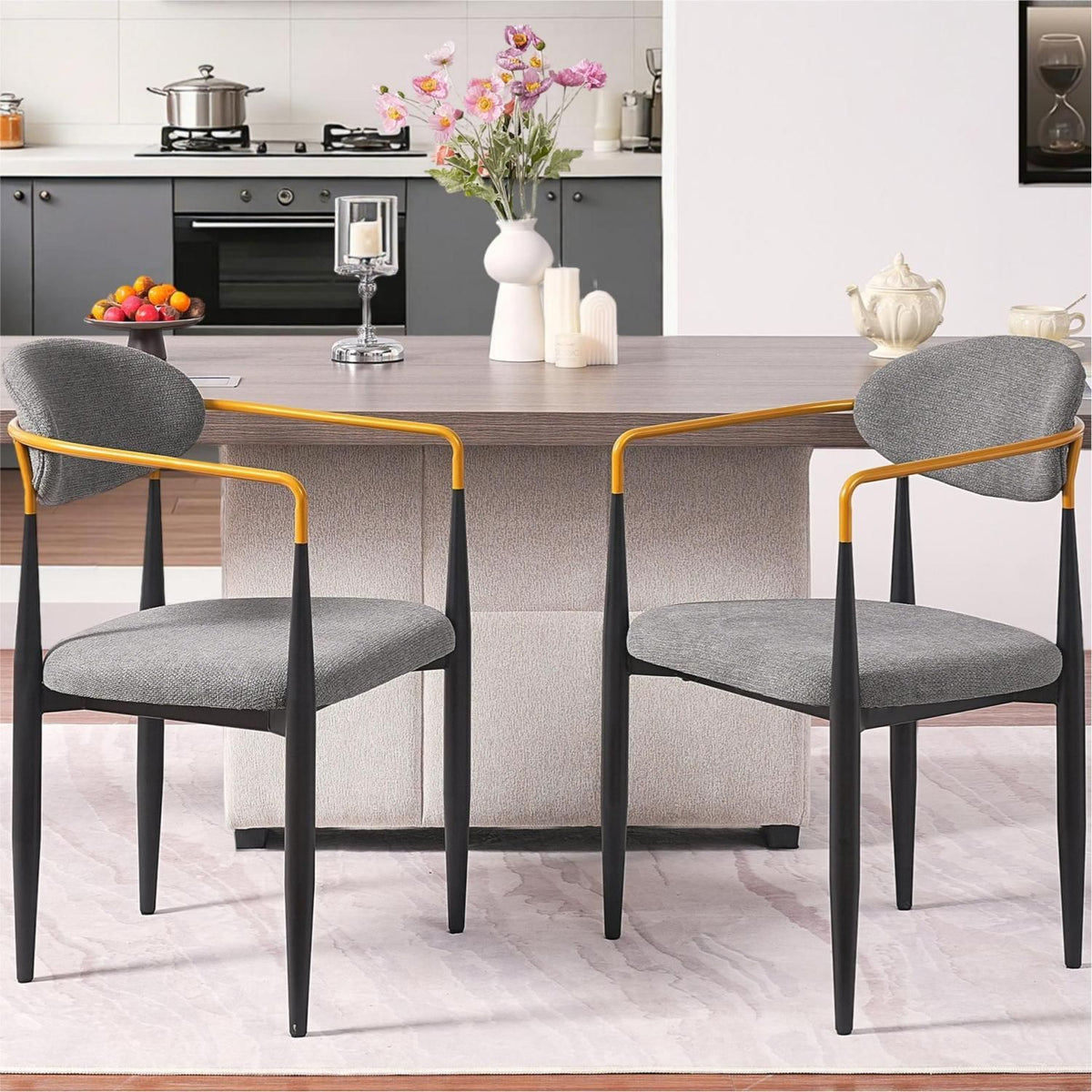 Modern Upholstered Dining Chair with Gold-Accented Armrests - 22"W x 21"D x 30"H, Ergonomic Design for Home Dining Room or Office Use,Set of 2 - Grey Fabric Seat & Black Metal Frame