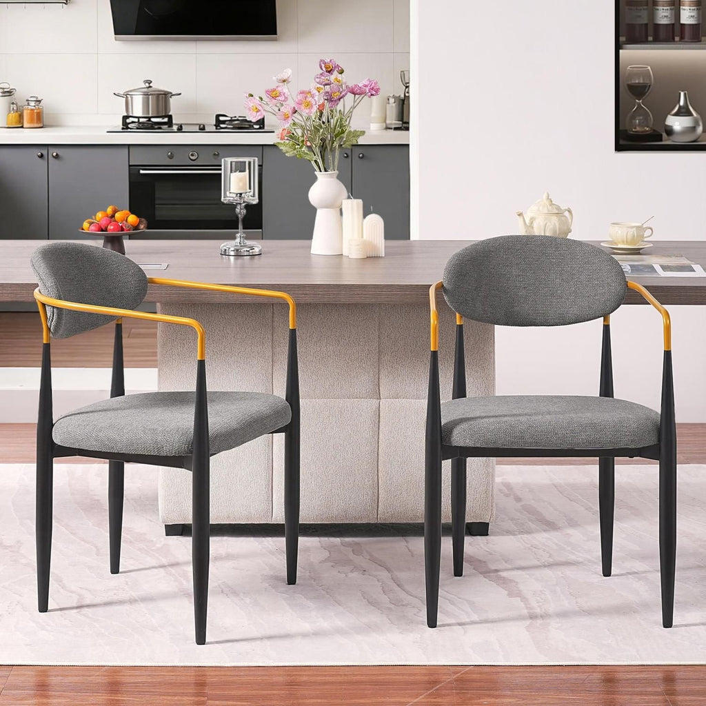 Modern Upholstered Dining Chair with Gold-Accented Armrests - 22"W x 21"D x 30"H, Ergonomic Design for Home Dining Room or Office Use,Set of 2 - Grey Fabric Seat & Black Metal Frame