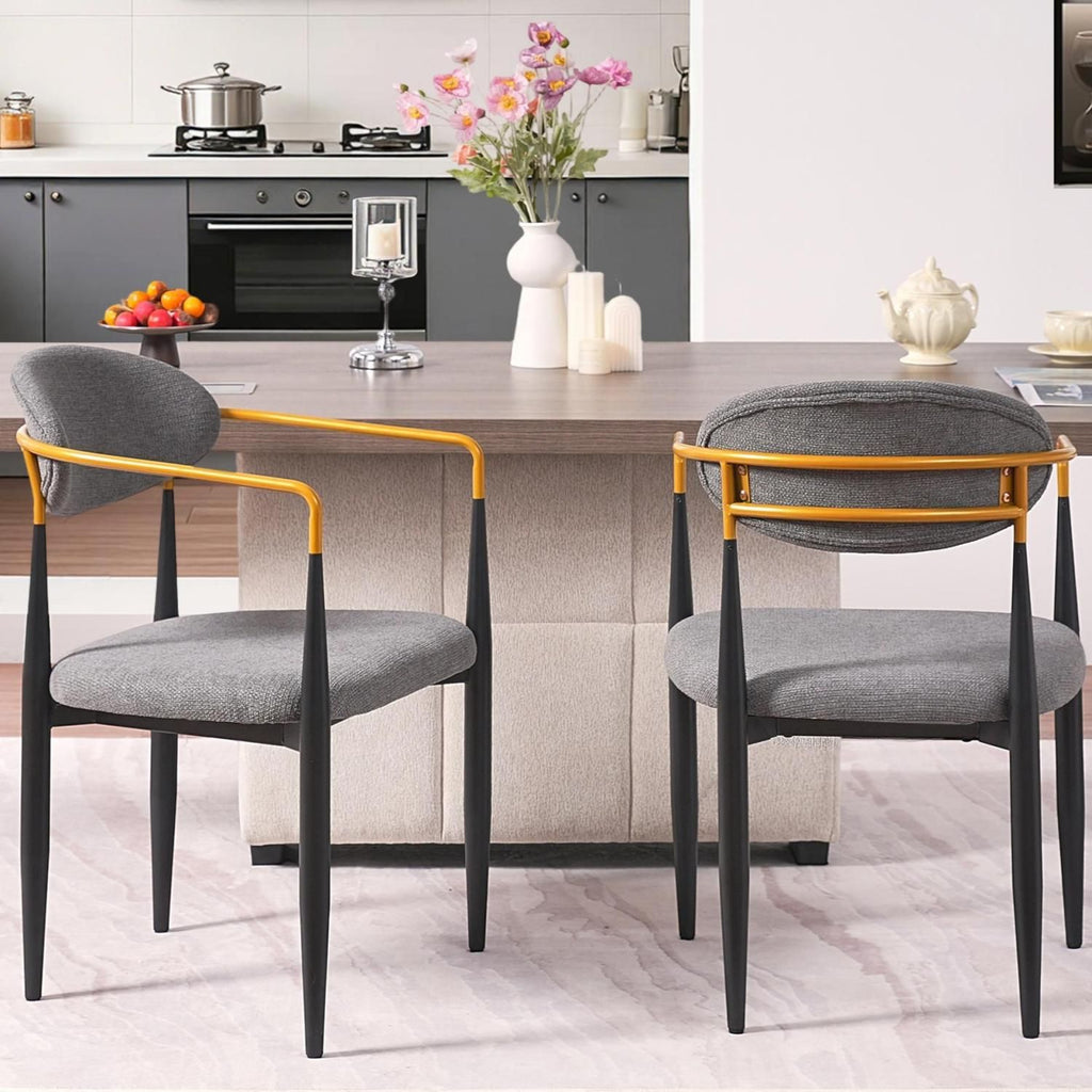 Modern Upholstered Dining Chair with Gold-Accented Armrests - 22"W x 21"D x 30"H, Ergonomic Design for Home Dining Room or Office Use,Set of 2 - Grey Fabric Seat & Black Metal Frame