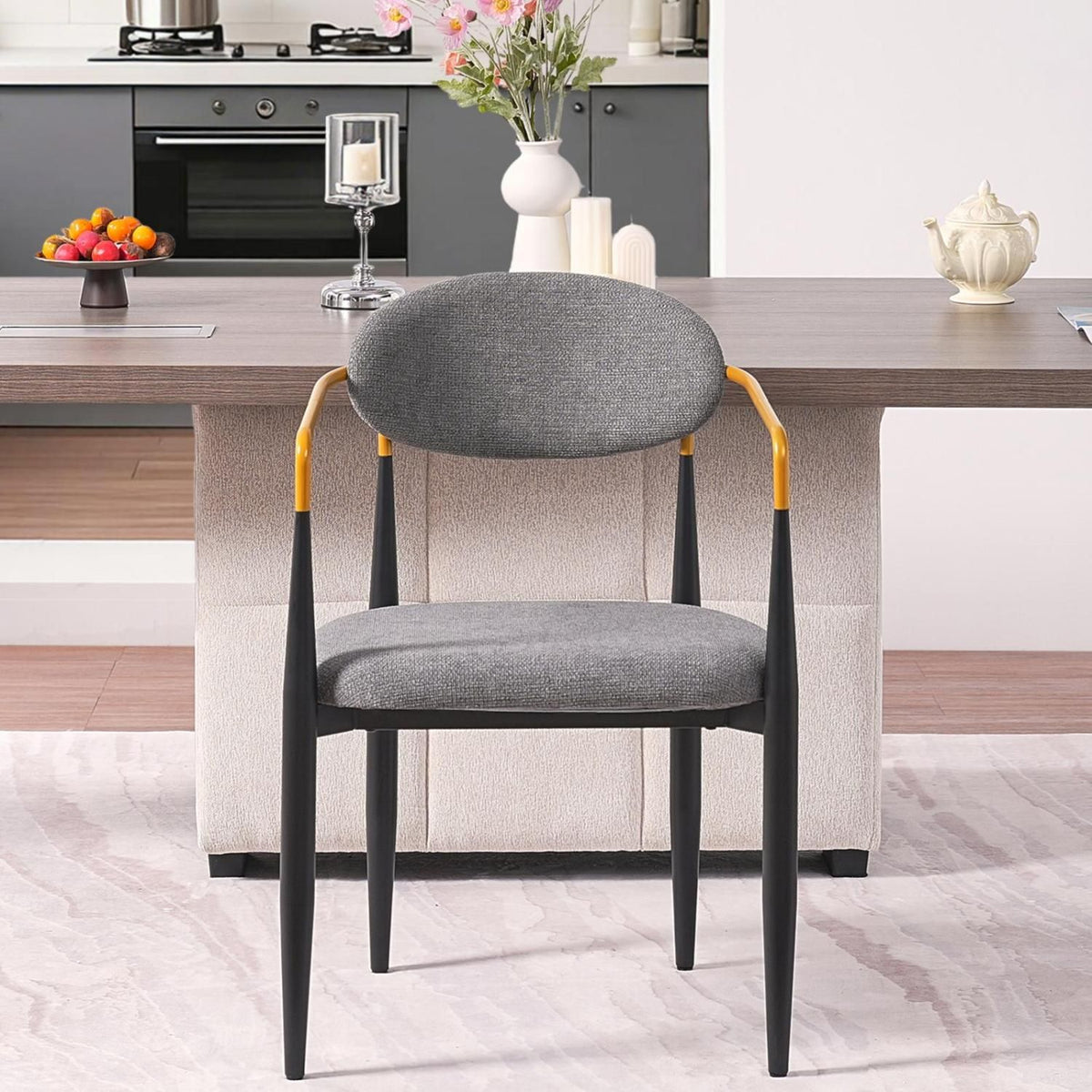 Modern Upholstered Dining Chair with Gold-Accented Armrests - 22"W x 21"D x 30"H, Ergonomic Design for Home Dining Room or Office Use,Set of 2 - Grey Fabric Seat & Black Metal Frame