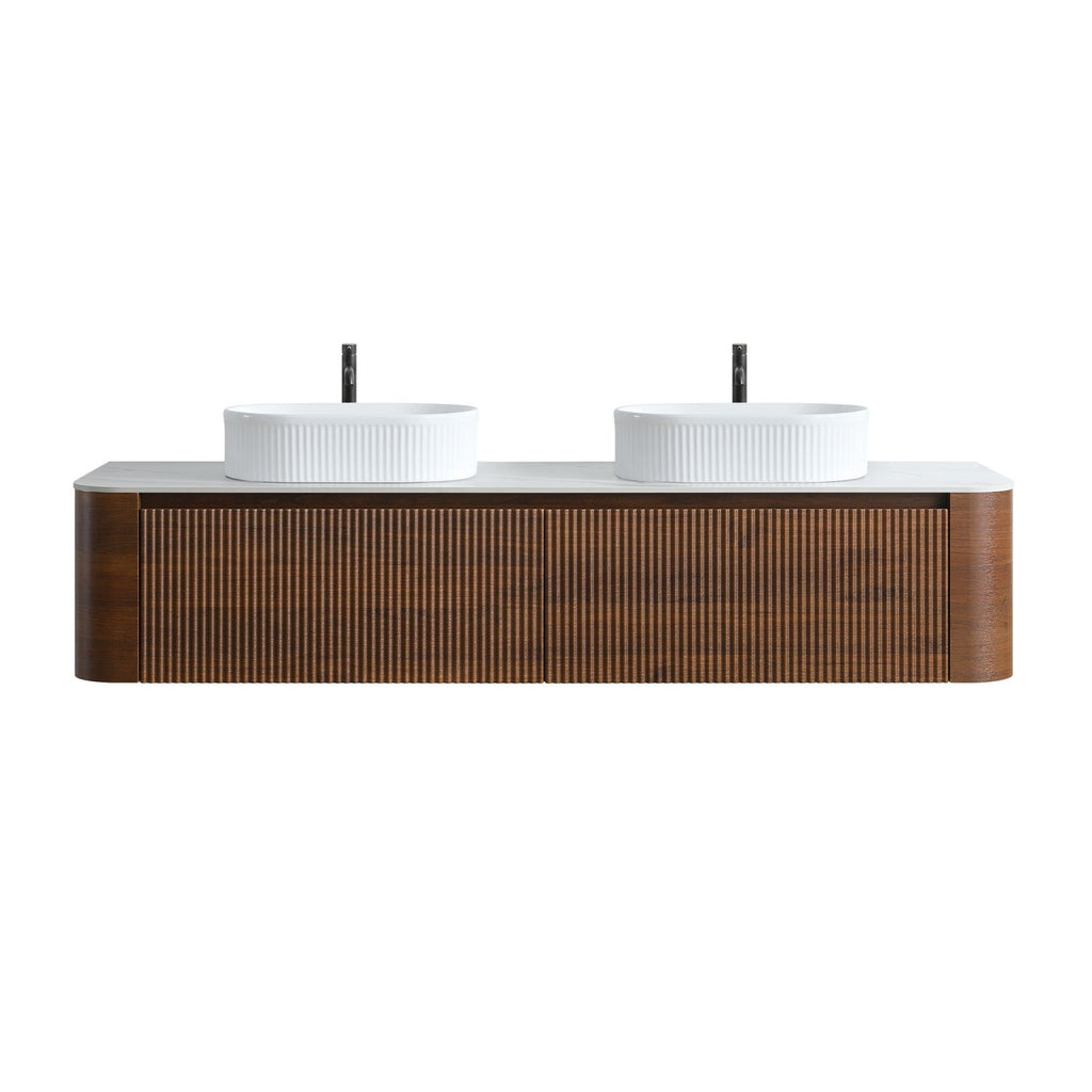 Erba 72 inch Bathroom Vanity with Sink, Walnut Wall Cabinet with Free Towel Rack, Double White Oval Striped Ceramic Basins Design, without Drain and Faucet, Pre-assembled
