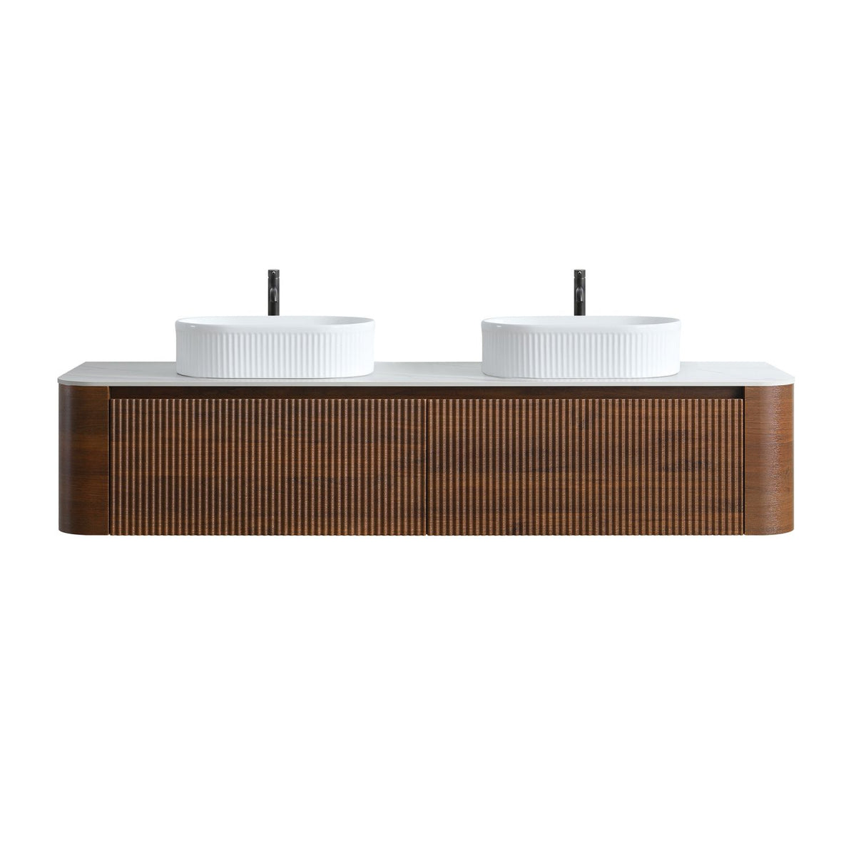 Erba 72 inch Bathroom Vanity with Sink, Walnut Wall Cabinet with Free Towel Rack, Double White Oval Striped Ceramic Basins Design, without Drain and Faucet, Pre-assembled