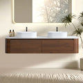 Erba 72 inch Bathroom Vanity with Sink, Walnut Wall Cabinet with Free Towel Rack, Double White Oval Striped Ceramic Basins Design, without Drain and Faucet, Pre-assembled