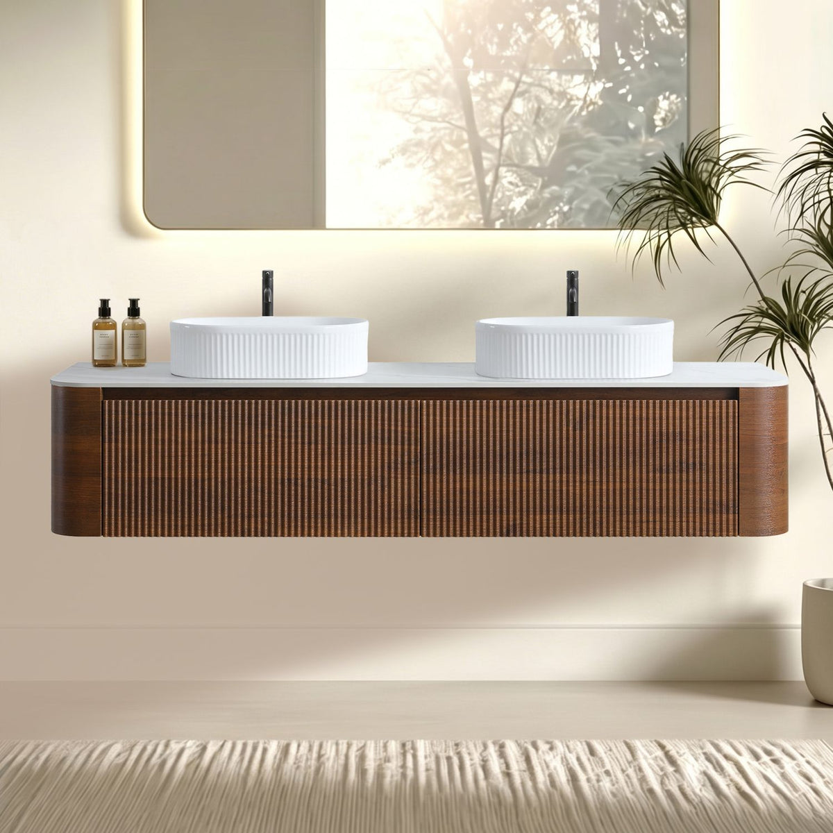Erba 72 inch Bathroom Vanity with Sink, Walnut Wall Cabinet with Free Towel Rack, Double White Oval Striped Ceramic Basins Design, without Drain and Faucet, Pre-assembled