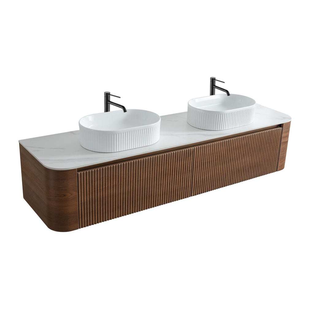 Erba 72 inch Bathroom Vanity with Sink, Walnut Wall Cabinet with Free Towel Rack, Double White Oval Striped Ceramic Basins Design, without Drain and Faucet, Pre-assembled
