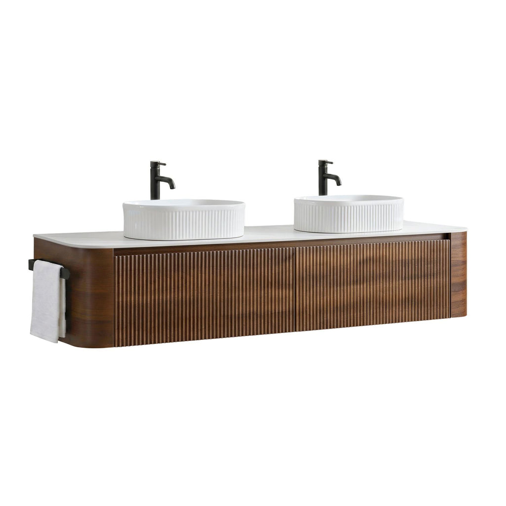 Erba 72 inch Bathroom Vanity with Sink, Walnut Wall Cabinet with Free Towel Rack, Double White Oval Striped Ceramic Basins Design, without Drain and Faucet, Pre-assembled