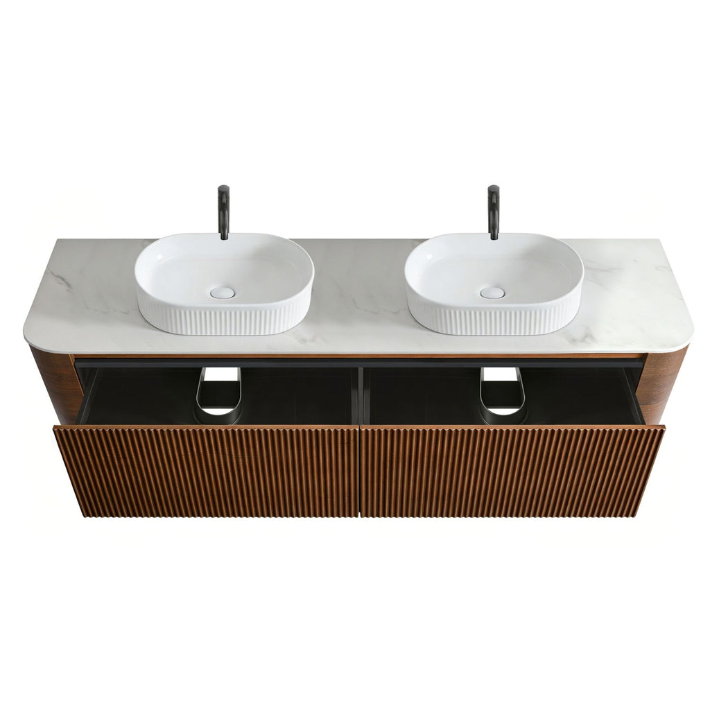 Erba 72 inch Bathroom Vanity with Sink, Walnut Wall Cabinet with Free Towel Rack, Double White Oval Striped Ceramic Basins Design, without Drain and Faucet, Pre-assembled