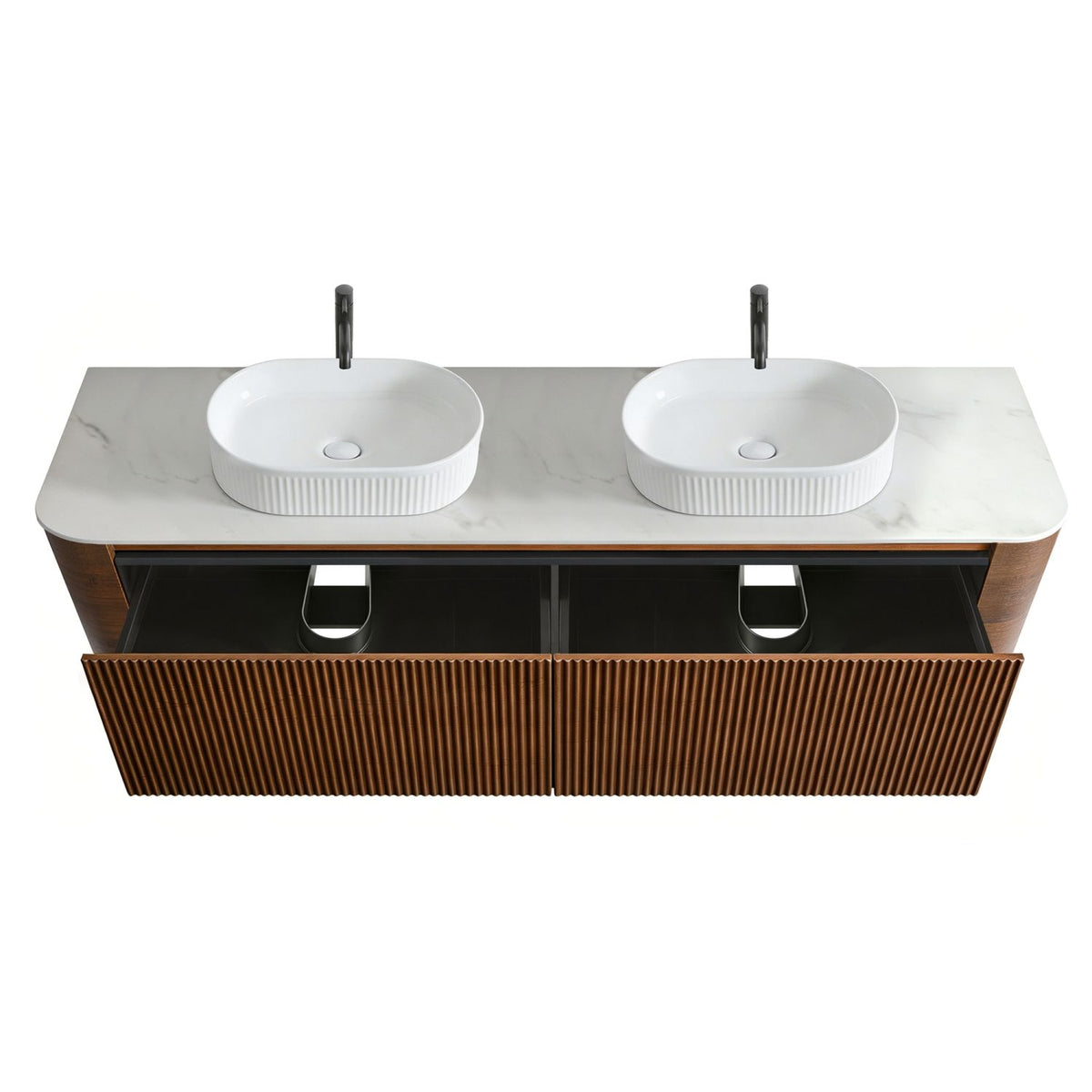Erba 72 inch Bathroom Vanity with Sink, Walnut Wall Cabinet with Free Towel Rack, Double White Oval Striped Ceramic Basins Design, without Drain and Faucet, Pre-assembled