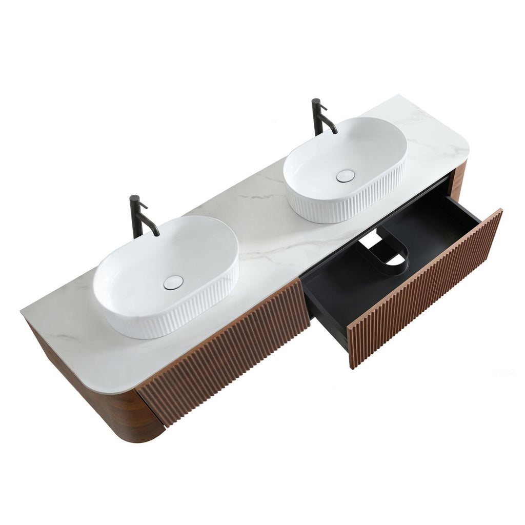 Erba 72 inch Bathroom Vanity with Sink, Walnut Wall Cabinet with Free Towel Rack, Double White Oval Striped Ceramic Basins Design, without Drain and Faucet, Pre-assembled