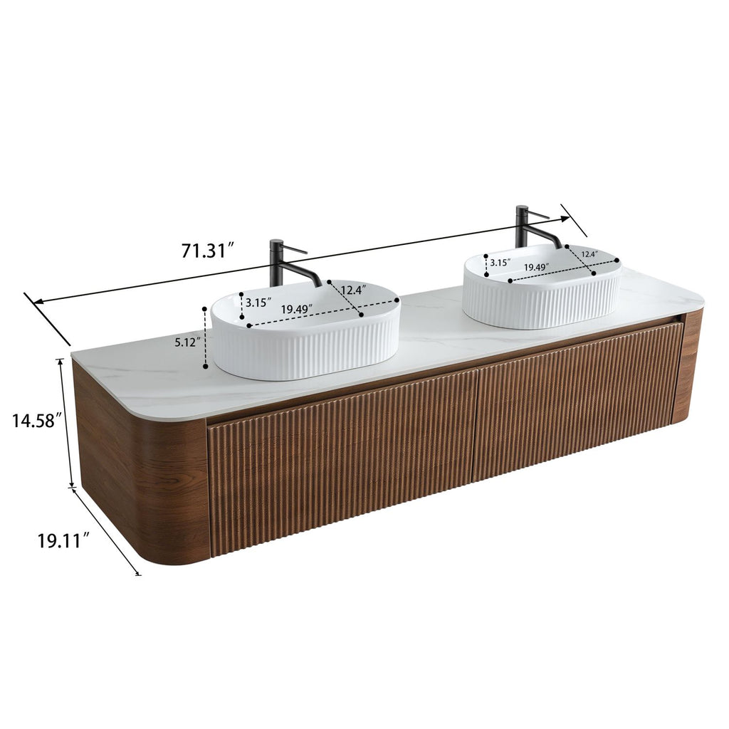 Erba 72 inch Bathroom Vanity with Sink, Walnut Wall Cabinet with Free Towel Rack, Double White Oval Striped Ceramic Basins Design, without Drain and Faucet, Pre-assembled