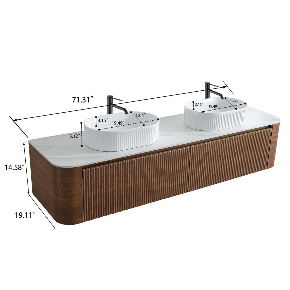 Erba 72 inch Bathroom Vanity with Sink, Walnut Wall Cabinet with Free Towel Rack, Double White Oval Striped Ceramic Basins Design, without Drain and Faucet, Pre-assembled