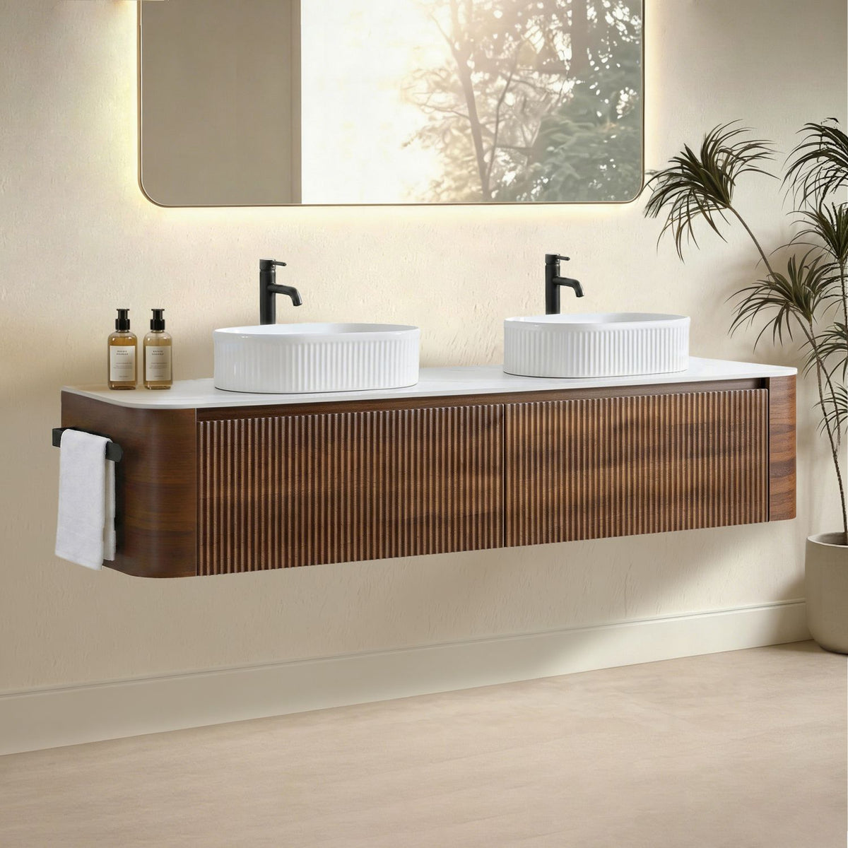 Erba 72 inch Bathroom Vanity with Sink, Walnut Wall Cabinet with Free Towel Rack, Double White Oval Striped Ceramic Basins Design, without Drain and Faucet, Pre-assembled