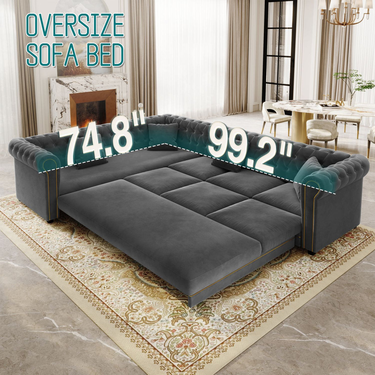 115.3" L-Shaped Sofa Couch with Pull-Out Bed, Oversize Convertible Sleeper, Velvet Button Tufted Couch, Gold Trim Rolled Arms, Oversized Deep Seat Luxury Sofa with Throw Pillows ,Dark Grey